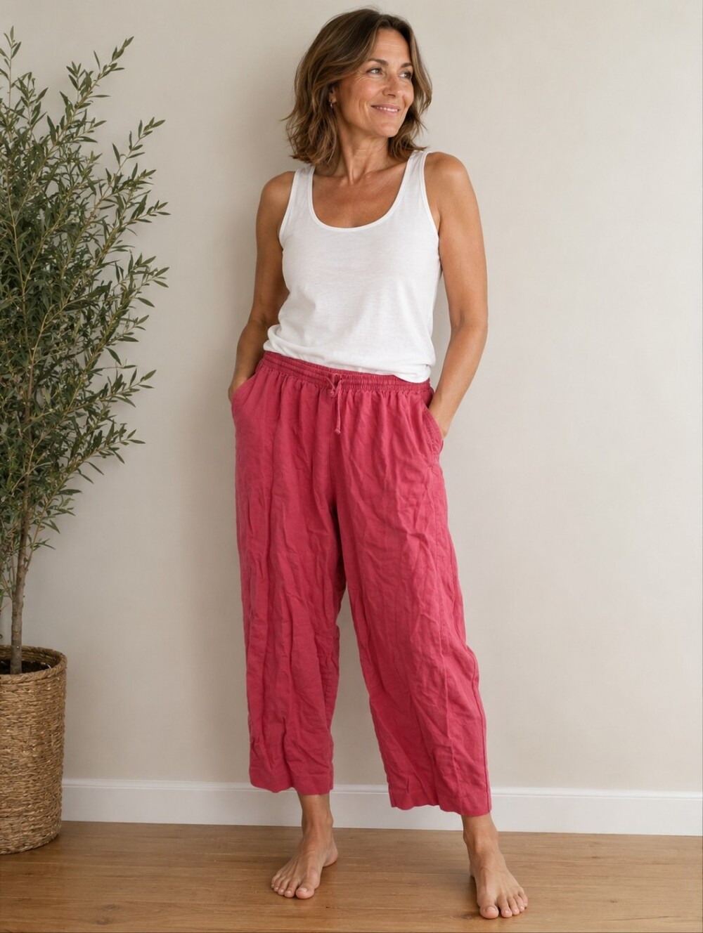 Alfred Dunner Petite Linen & Cotton Elastic Waist Pants in Dusty Rose
